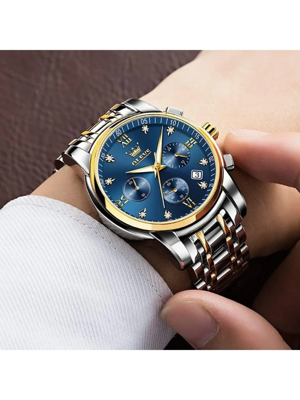 Olevs Men Silver Gold Multifunction Blue Face Waterproof Chronograph Wrist Watch